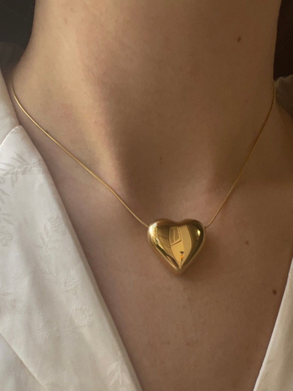 Gold Puffed Heart Necklace Snake Chain 18K Gold Plated